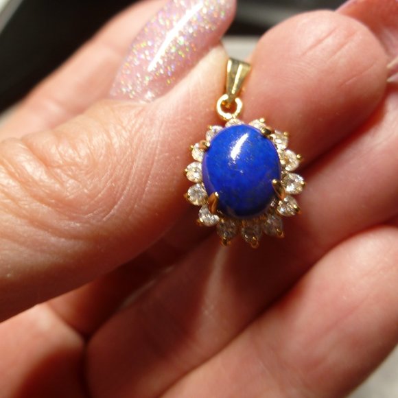 18K Gold EP Lapis Lazuli Swarovski Crystals Dolphin Ore Pendant - Picture 4 of 11